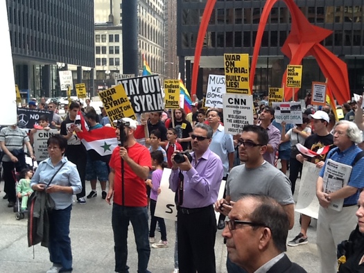 Opponents of a strike on Syria protested outside the Dirksen Federal Building in Chicago Saturday     Courtesy of: AFSC