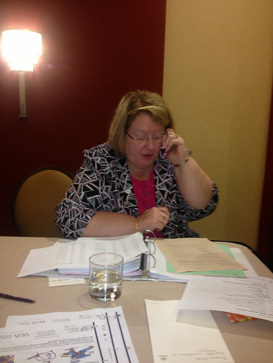 PHOTO: VEA President Meg Gruber recruiting members to participate in the October 19 Day of Action. Photo credit: VEA