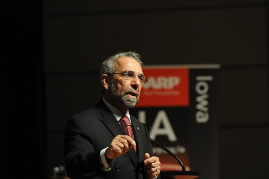 PHOTO: National AARP President Rob Romasco speaking at the Kroc Center in Omaha. Courtesy AARP Iowa.