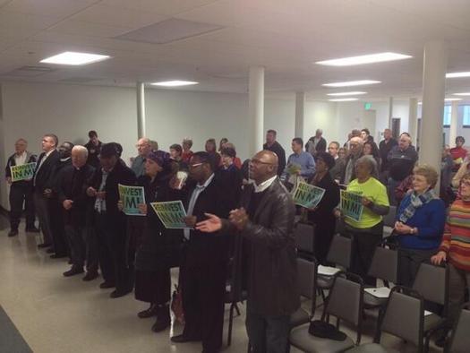 PHOTO: More than 200 people attended the ReInvest Express tour stop in Grand Rapids, where faith and civic leaders called on Gov. Snyder to put the needs of Michigan families and cities first. Photo courtesy Harriet Tubman Center. 