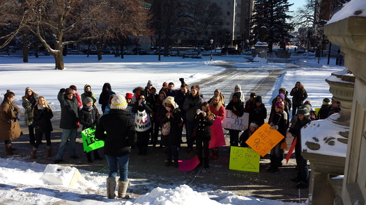 PHOTO: Dozens of Michiganders have rallied online and even braved the cold to show their opposition to legislation that requires women to purchase an insurance rider for an abortion. Photo courtesy of Michigan NOW.