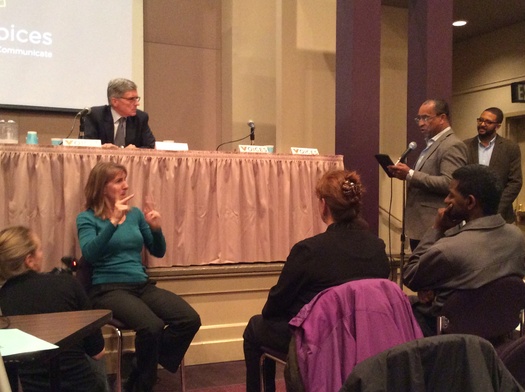 PHOTO: Newly-appointed FCC Commissioner Tom Wheeler, shown here at a town hall meeting last week, says his agency may appeal a federal court ruling overturning regulations aimed at ensuring 'net neutrality.' Photo credit: Mark Scheerer.
