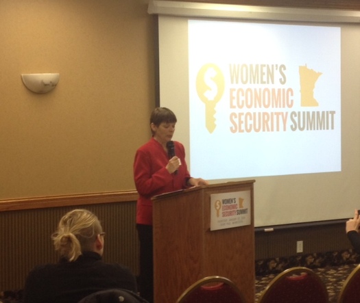 PHOTO: State Sen. Sandy Pappas speaks at the Women's Economic Security Summit. Photo credit: AARP Minnesota
