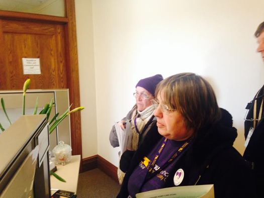 PHOTO: Pam Hansen (right) was among the home-care aides and clients who paid visits to their state legislators on Wednesday. Photo courtesy SEIU Healthcare 775NW.