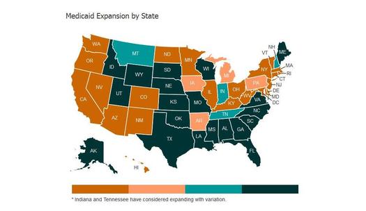 GRAPHIC: States in dark orange have expanded traditional Medicaid, while those in light orange have covered the same populations in other ways, including plans like Arkansas's Private Option. Some of the states still on the fence about expansion (in light blue) and even some who have turned down the funding are considering plans like the Private Option. MAP by The Commonwealth Fund.   