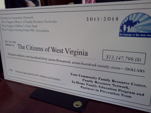 PHOTO: Advocates for early childhood and family support programs say WV state budget cuts could reduce their ability to bring in millions of dollars in matching money that is critical to their operations. They presented lawmakers with a symbolic check for the $13 million they leverage annually. Photo credit: Dan Heyman.