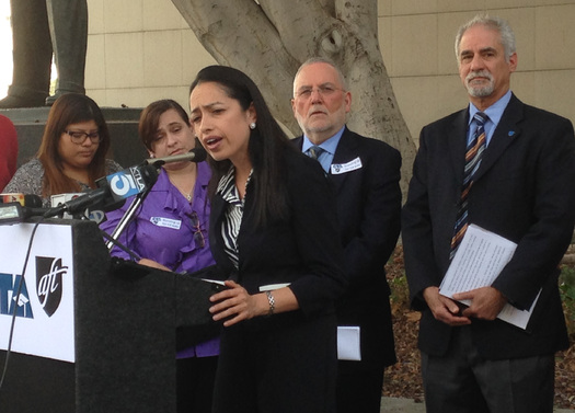 PHOTO: Fifth grade teacher Gaby Ibarra at a recent news conference. The defense is now calling witnesses in a lawsuit that's putting California teacher employment laws to the test. Photo credit: CFT.
