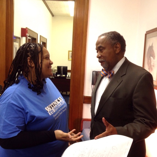 PHOTO: Former death row inmate Sabrina Butler talks with Sen. Gerald Neal sponsor of a bill to outlaw capital punishment in Kentucky. Photo courtesy Kentucky Coalition to Abolish the Death Penalty.