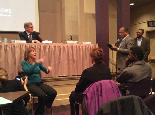 PHOTO: FCC Chairman Tom Wheeler, seen here (top left) at a meeting in January in Oakland, Calif., has signaled his support for rules that would allow broadband service to some companies at higher speeds for higher prices. Opponents say Internet 