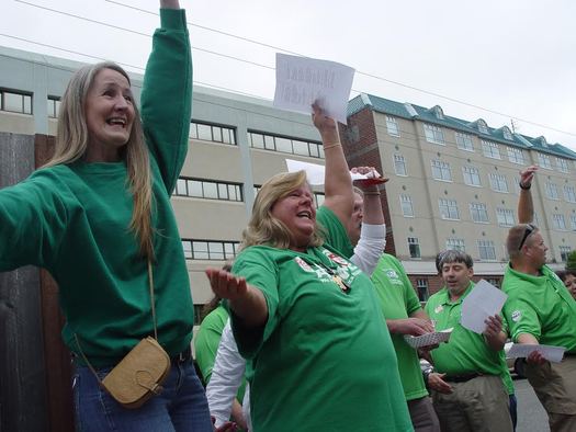 PHOTO: State government workers got a chance to cheer for the bargaining team negotiating their next contract at a Wednesday rally in Olympia. Photo courtesy Washington Federation of State Employees.