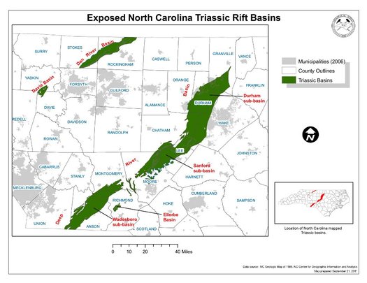 GRAPHIC: Shale gas is expected to be underneath the surface of several regions of North Carolina, and state lawmakers are working on legislation to fast-track hydraulic fracturing to access the resource. Courtesy: NC Center for Geographic Information
