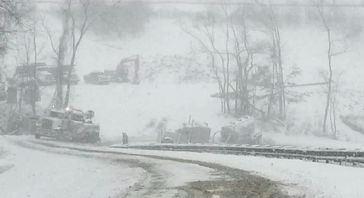 PHOTO: 2014 accident involving a truck carrying freshwater for fracking occurred adjacent to Seneca Lake, Ohio. CREDIT: FracTracker/Leatra Harper.