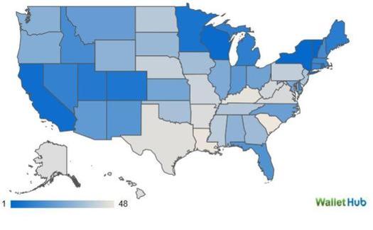 MAP: Virginia, seen in pale blue, ranks far lower for energy efficiency than the more efficient dark blue states. According to the analysis behind this map, Virginia's numbers were driven down by the amount of gas motorists use for the total miles driven. Map courtesy of Wallethub.