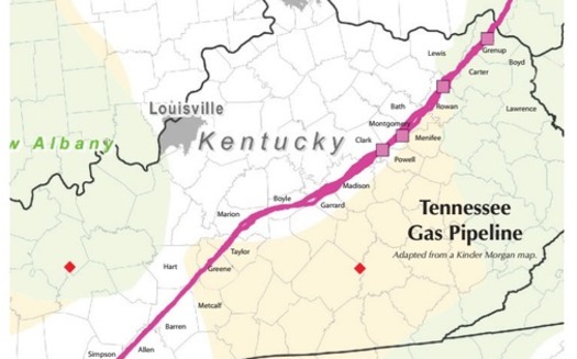 MAP: The path of the Tennessee Gas Pipeline through Kentucky. An energy conglomerate wants to repurpose the natural-gas transmission line to transport natural-gas liquids from fracking. Map courtesy Kentuckians for the Commonwealth.