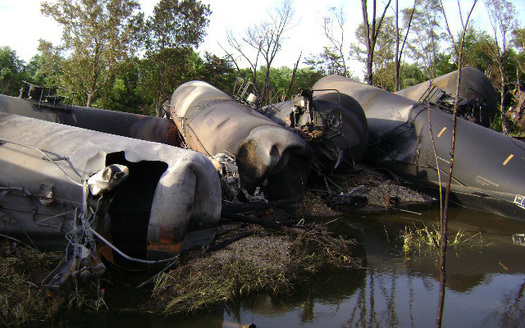 A federal lawsuit filed this week asks the U.S. Department of Transportation t ban the use of DOT-111 tank cars for shipping crude oil because of safety and durability issues. Credit: National Transportation Safety Board.