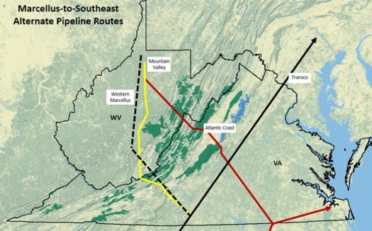 MAP: Three large pipelines have all plotted paths though national forests. Map courtesy of Appalachian Mountain Advocates.