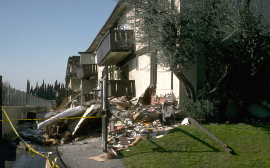 PHOTO: The collapsed Northridge Meadows apartment building following the 1994 Northridge earthquake. L.A. Mayor Eric Garcetti's retrofitting proposal calls for strengthening thousands of similar buildings with ground-floor carports. Photo credit: U.S. Geological Survey.