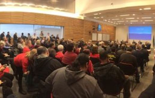 PHOTO: It was a standing-room-only crowd at Wednesday's Port of Portland Commission meeting, as workers for airport service subcontractors shared their concerns and heard commissioners' preliminary suggestions for improving Portland International Airport as a workplace. Photo credit: Jesse Stemmler.