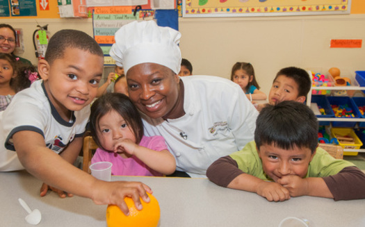 PHOTO: Project Breads Chef Vanessa LaBranche with students is part of the outreach that is moving the Commonwealth out of the basement when it comes to participation in school breakfast. Courtesy: Project Bread  