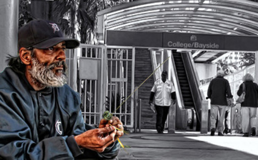 PHOTO: A homeless man seeks shelter in downtown Miami, where the City Commission has delayed a decision on whether to outlaw camping on public property for another month. Photo credit: xynntii/Flickr.com.