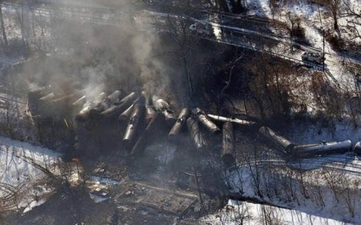 PHOTO: Four oil-train derailments and explosions in a single month (Feb.) prompted two U.S. Senators to introduce legislation outlining major oil shipment safety improvements. Photo of the Fayette County derailment courtesy Office of Gov. Earl Ray Tomblin.