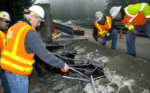 PHOTO: Not all the structural problems of Oregon bridges are age-related. ODOT crews also stay busy repairing damage caused by vehicles. Photo courtesy Oregon Dept. of Transportation.