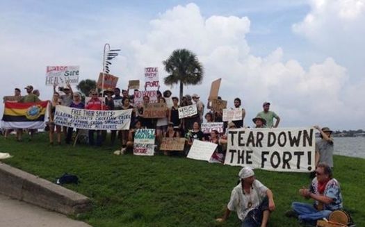 Protests began this weekend and culminate today against St. Augustine's 450th birthday celebration. Activists want an old fort and prison, the Castillo de San Marcos, torn down. Credit: Resist 450 Coalition