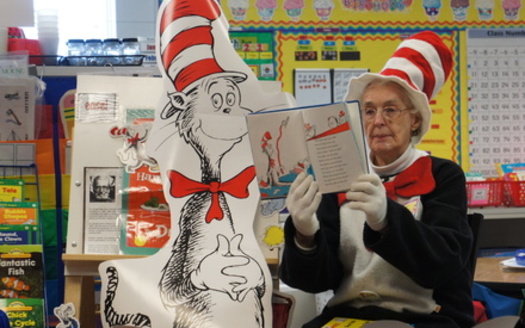 At 101, Kay Roberts still dresses up to read to students from the Cat in the Hat. After a half-century as an educator, she knows what makes a good teacher, and a good student. Courtesy: Massachusetts Teachers Assn.