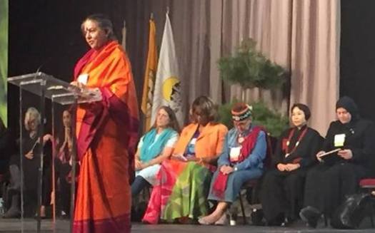 Dr. Vandana Shiva of India speaks at the Parliament of the World's Religions in Salt Lake City. Credit: N.C. Interfaith Power and Light