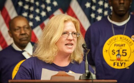 Portland International Airport janitor Julie Hayden spoke at a national rally this week in support of a $15 minimum wage and the right to join a union. Courtesy: SEIU