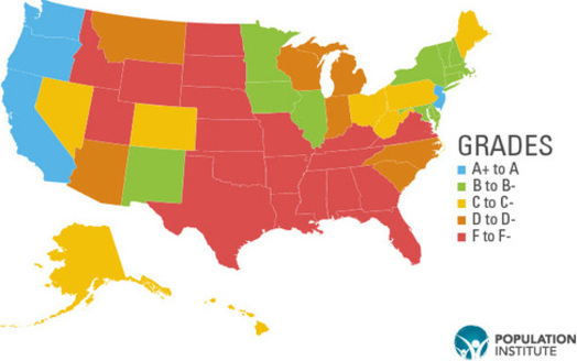 Arkansas and 18 other states get an F on reproductive heath care and rights. (Population Institute)