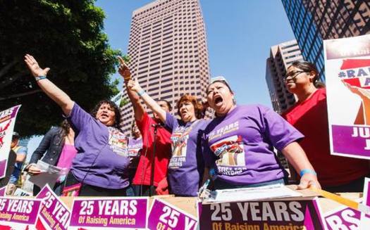 The Justice for Janitors movement protested last month in Los Angeles. It holds rallies across the state today (Tues.) for International Women's Day. (Ian Paredes/SEIU)