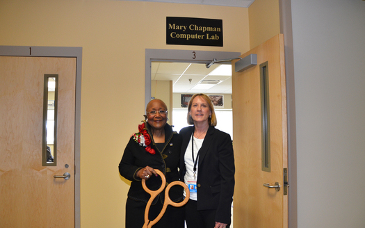A computer lab at ICIW's Mitchellville facility is named after DMACC Emeritus Admininstrator Mary Chapman (left). (DMACC)