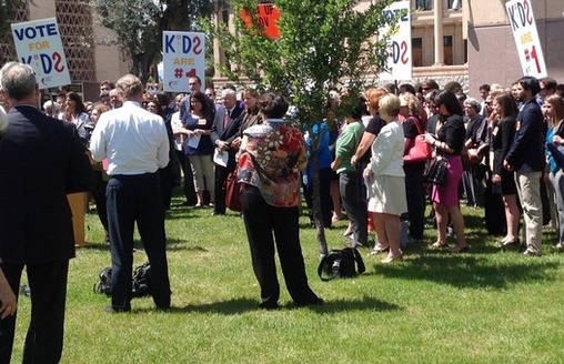 Backers of the KidsCare program rally in front of the State Capitol in April. The Arizona Legislature failed to renew the program. (Children's Action Alliance)