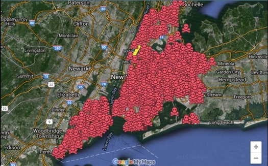 The red areas indicate the use of herbicides containing glyphosate in New York City parks. (www.RevBilly.com/maps)