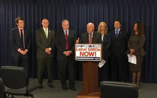 Bill sponsor Sen. Ken LaValle urges passage of his GMO labeling law on Tuesday. (Food and Water Watch)