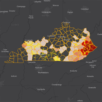 A map generated by Earthworks shows more than 151,000 Kentuckians live in the threat radius of oil and gas drilling operations. (Earthworks)