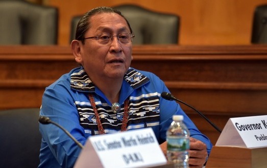 Gov. Kurt Riley with the Pueblo of Acoma speaks at a news conference announcing the introduction of the STOP Act in Congress. (Heinrich Staff Photo)