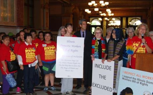 Magdalena Zylinska, right, speaks in support of the Illinois Domestic Workers Bill of Rights during a rally in Springfield. (Arise Chicago)