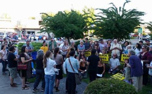 People at a Black Lives Matter gathering in Josephine County on Aug. 9 were met with a counter-protest by members of the Oath Keepers. (Rural Organizing Project)