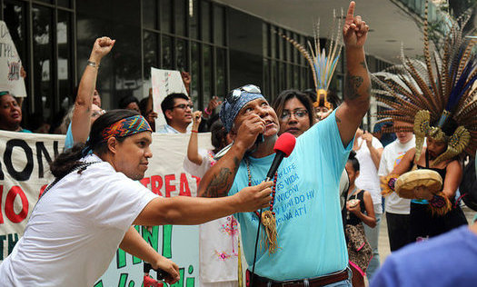 Native Americans and environmental groups protest at the Houston headquarters of Energy Transfer Partners, the contractor building Dakota Access and other pipeline projects. (Grassroots Global Justice Alliance)