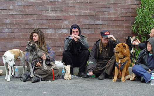 California accounts for 20 percent of the total U.S. homeless population; a homeless group on Haight Street, San Francisco. (Franco Folini)  <br />