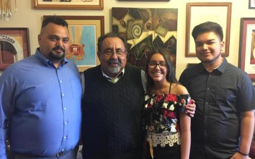 The Rayos children meet with Rep. Grijalva before President Trump's first address to a joint session of Congress. Left to right: Ernesto Lopes of Puente Movement, Rep. Grijalva, Jaqueline Rayos-Garcia, Angel Rayos-Garcia. Courtesy: office of Rep. Grijalva.