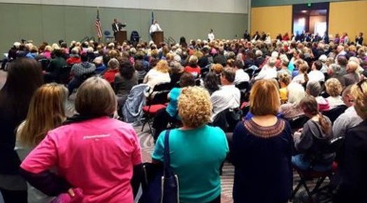 A large crowd listens as Sen. Dean Heller and Rep. Mark Amodei, both R-Nev., respond to questions in a lively town-hall meeting Monday in Reno. (Chip Evans)