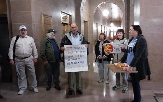 A group of protesters at the West Virginia State Capitol, awaiting the arrival of U.S. Secretary of Health and Human Services Tom Price. (Public News Service-Dan Heyman) (Note: photo was originally misidentified. Heyman took the photo, he was not in it.)