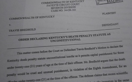 A judge in a Kentucky murder case has made a pretrial ruling that the prosecutor can not seek the death penalty because the defendant was younger than 21 at the time of the crime. (Greg Stotelmyer)