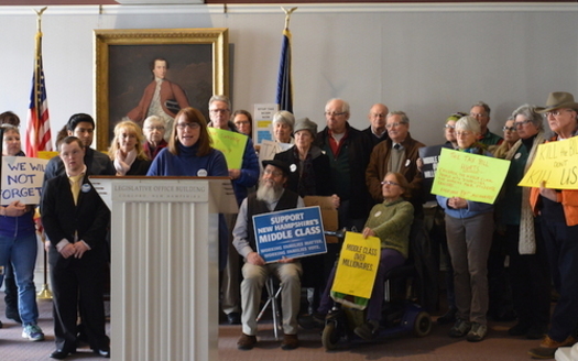 Melissa Hinebauch speaks in Concord on Thursday about her experiences protesting the tax-law changes making their way through Congress. (Granite State Progress)