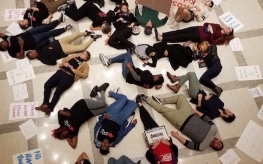 Twenty protesters participate in a Die-In on the fourth-floor rotunda of the Florida State Capitol.  (Lakey Love) 