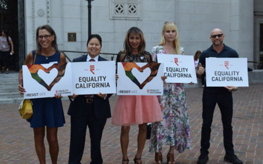 Transgender activists demonstrate at the Los Angeles announcement of Stockman v. Trump, the lawsuit challenging the transgender military ban.(Equality California)