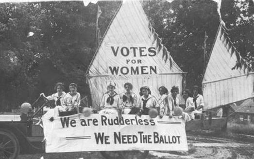 Wisconsin women were politically active long before they got the right to vote. Here, the Oshkosh Equal Suffrage League sends a message in 1912 with its July 4 parade float. (Used with permission of Wisconsin Historical Society)